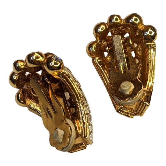 Vintage Designer Clip On Earrings Golden Tone Diomand Accent Beautiful ❤️ - Picture 4 of 12